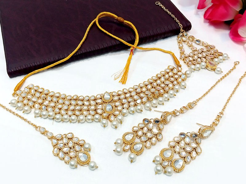 Heavy Bridal Necklace Set with Earrings, Jhumar and Tikka