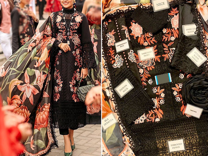 Luxury Schiffli Embroidered Black Lawn Dress with Digital Print Silk Dupatta