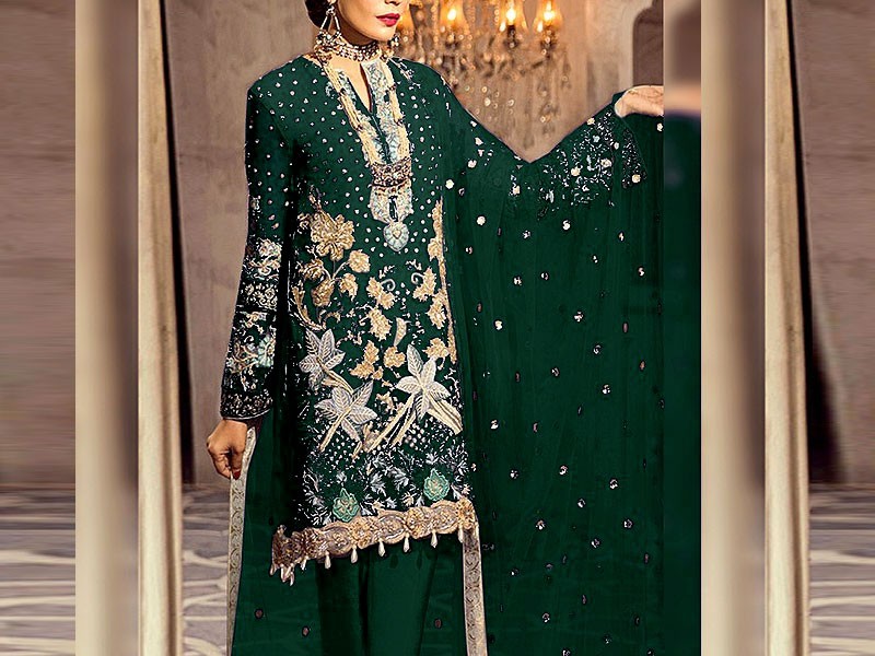 Handwork Heavy Embroidered Green Chiffon Wedding Dress Price in Pakistan