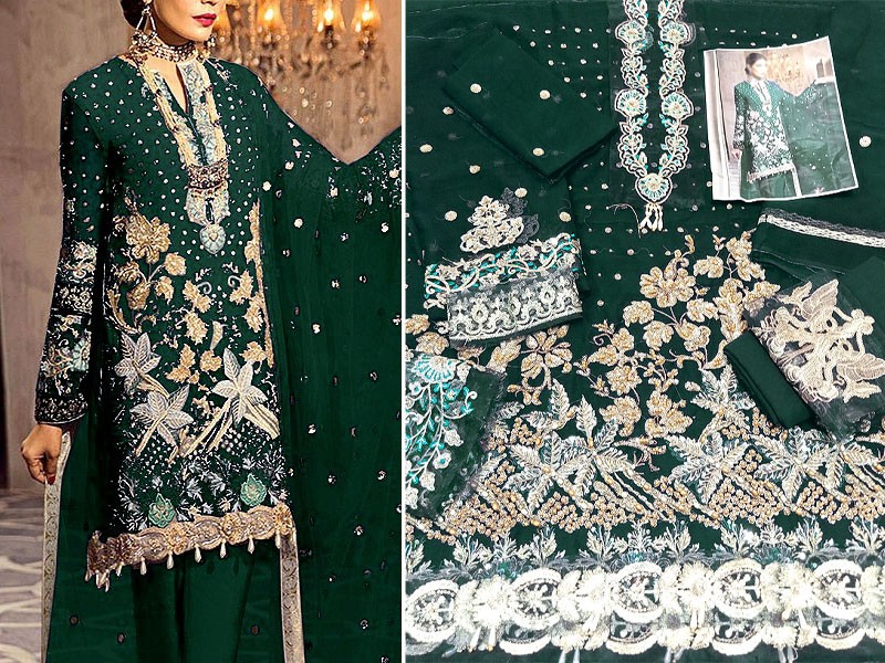 Handwork Heavy Embroidered Green Chiffon Wedding Dress