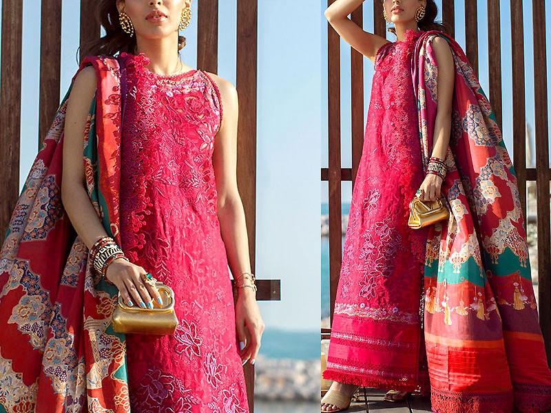 Luxurious Embroidered EID Lawn Dress 2022 with Printed Silk Dupatta