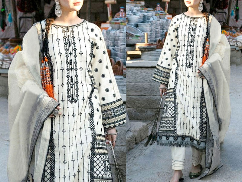 Luxurious Embroidered EID Lawn Dress 2023 with Embroidered Organza Dupatta