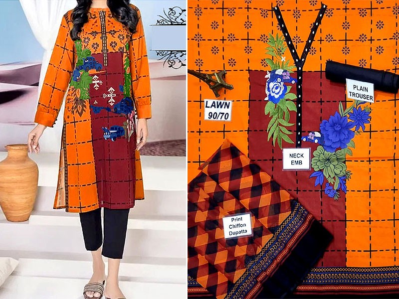 Vibrant Embroidered EID Lawn Dress 2022 with Chiffon Dupatta