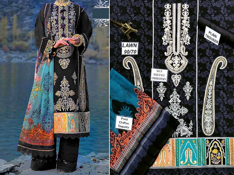 Embroidered Black EID Lawn Dress with Chiffon Dupatta
