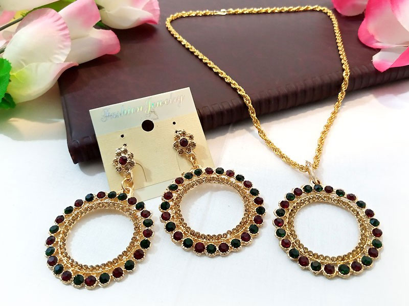 Multicolor Stones Golden Necklace with Earrings