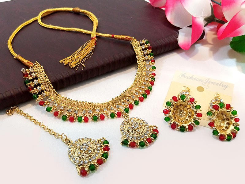 Multicolor Stones Golden Jewelry Set with Earrings & Tikka