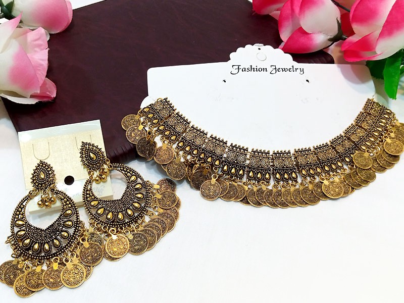 Antique Style Coin Choker Necklace with Earrings