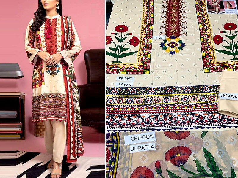 Traditional Embroidered EID Lawn Dress 2022 with Chiffon Dupatta