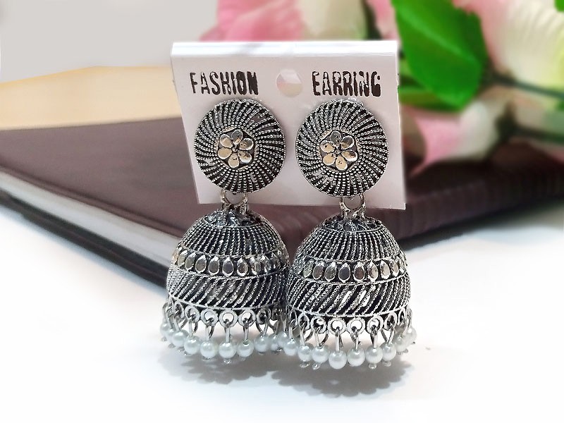 Antique Style Silver Jhumki Earrings for Girls