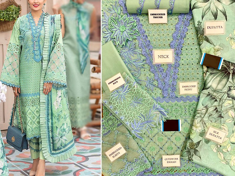 Luxury Schiffli Embroidered EID Lawn Dress with Digital Print Silk Dupatta