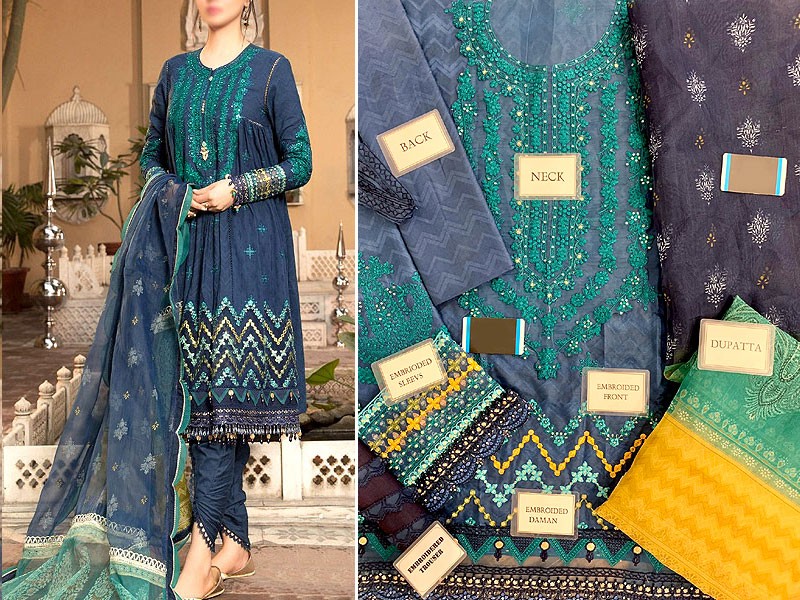 Luxury Embroidered EID Lawn Dress with Digital Print Organza Dupatta
