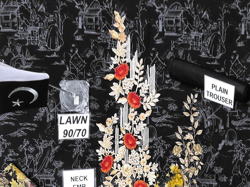 Floral Print Embroidered Black Lawn Dress with Chiffon Dupatta