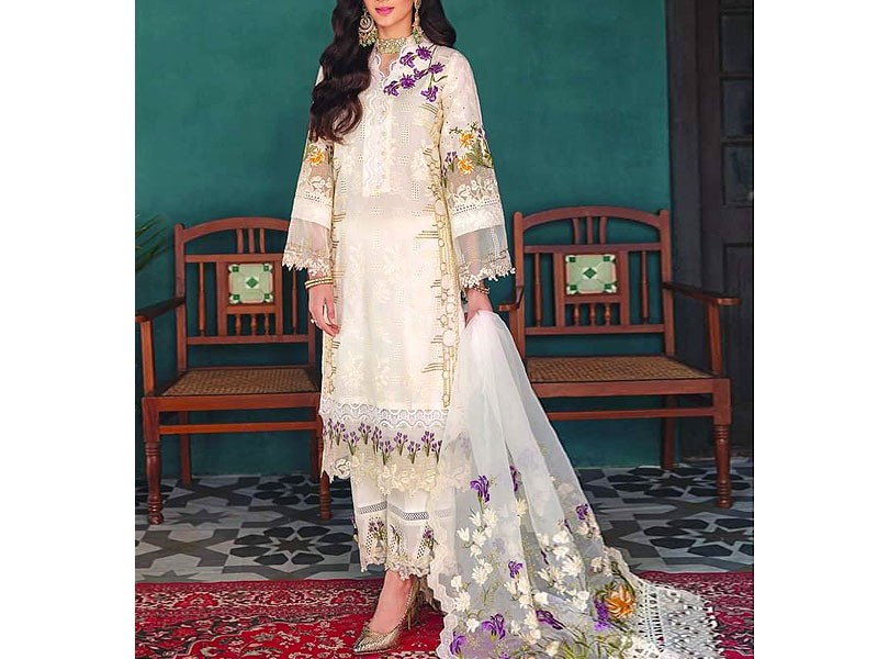 Luxury Schiffli Embroidered Lawn Dress with Embroidered Organza Dupatta Price in Pakistan