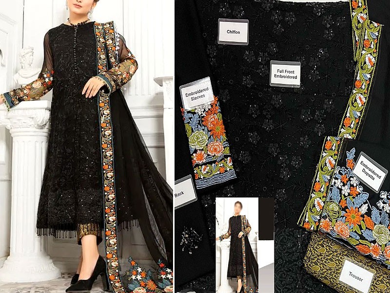 Adorable Embroidered Black Chiffon Party Wear Dress 2022 with Jamawar Trouser