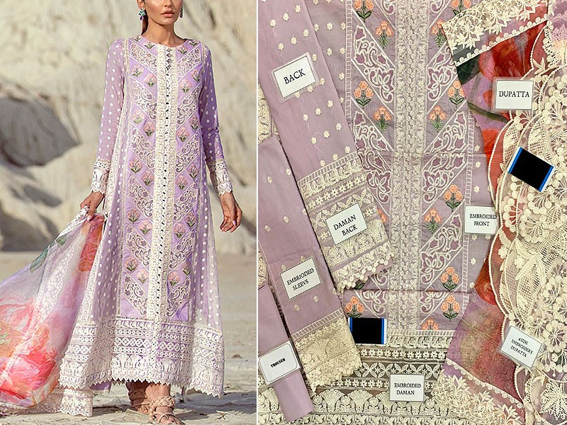 Luxury Embroidered Lawn Dress 2023 with 4-Side Embroidered Organza Net Dupatta