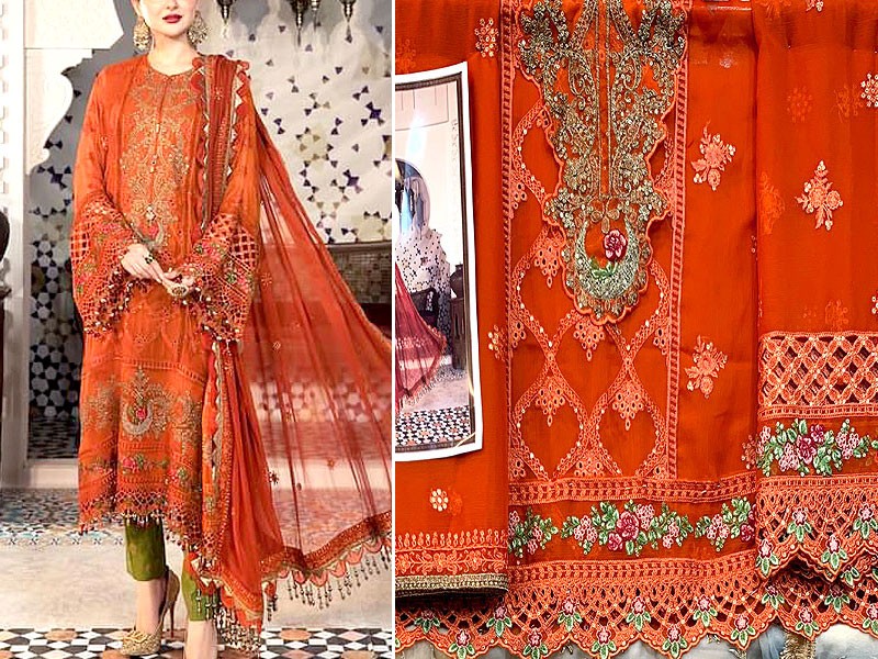 Heavy Embroidered Chiffon Party Wear Dress 2022 with Jamawar Trouser