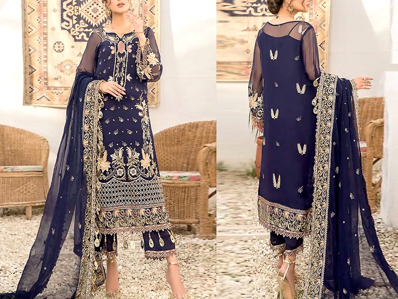 Indian Embroidered Navy Blue Chiffon Saree Price in Pakistan