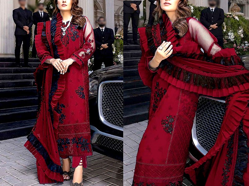 Banarsi Style Embroidered Chiffon Dress with Organza Check Dupatta Price in Pakistan