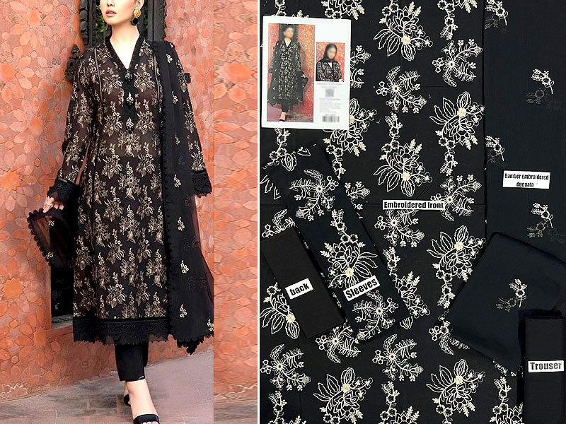 Luxury Embroidered Cotton Lawn Dress with Embroidered Bamber Chiffon Dupatta