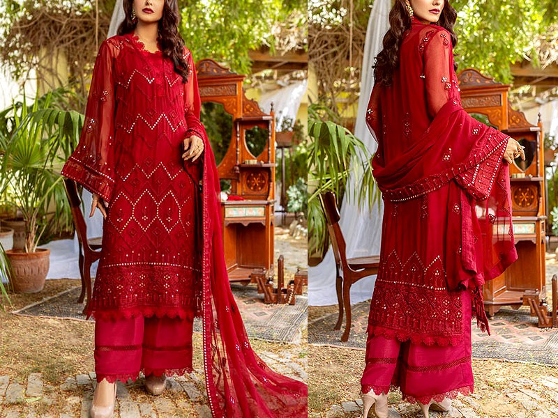Heavy Embroidered Chiffon Party Wear Dress 2022 with Jamawar Trouser Price in Pakistan