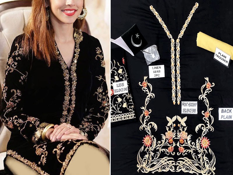 Elegant 2-Piece Embroidered Black Linen Dress 2022
