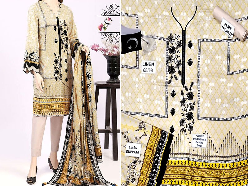 Sequins Panel Embroidered Linen Dress 2022 with Linen Dupatta