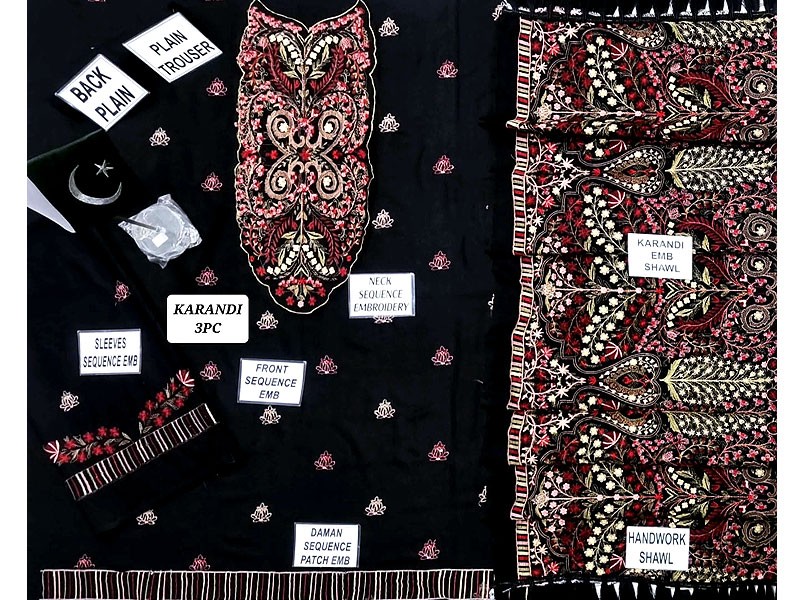Luxury Embroidered Karandi Dress with Heavy Embroidered Karandi Shawl