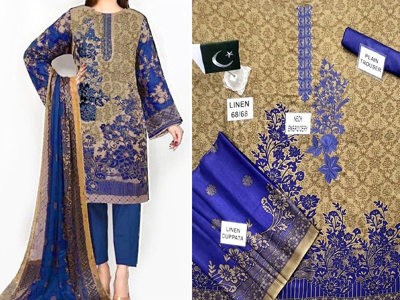 Heavy Embroidered Linen Dress 2022 with Linen Dupatta