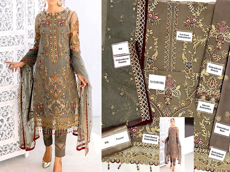 Handwork Embroidered Organza Party Wear Dress with Embroidered Net Dupatta