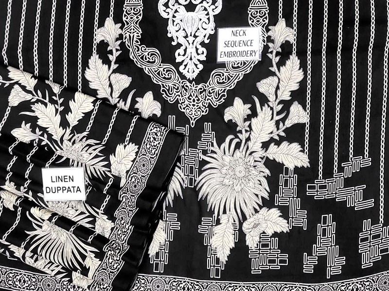 Sequins Neck Embroidered Linen Dress 2022 with Linen Dupatta