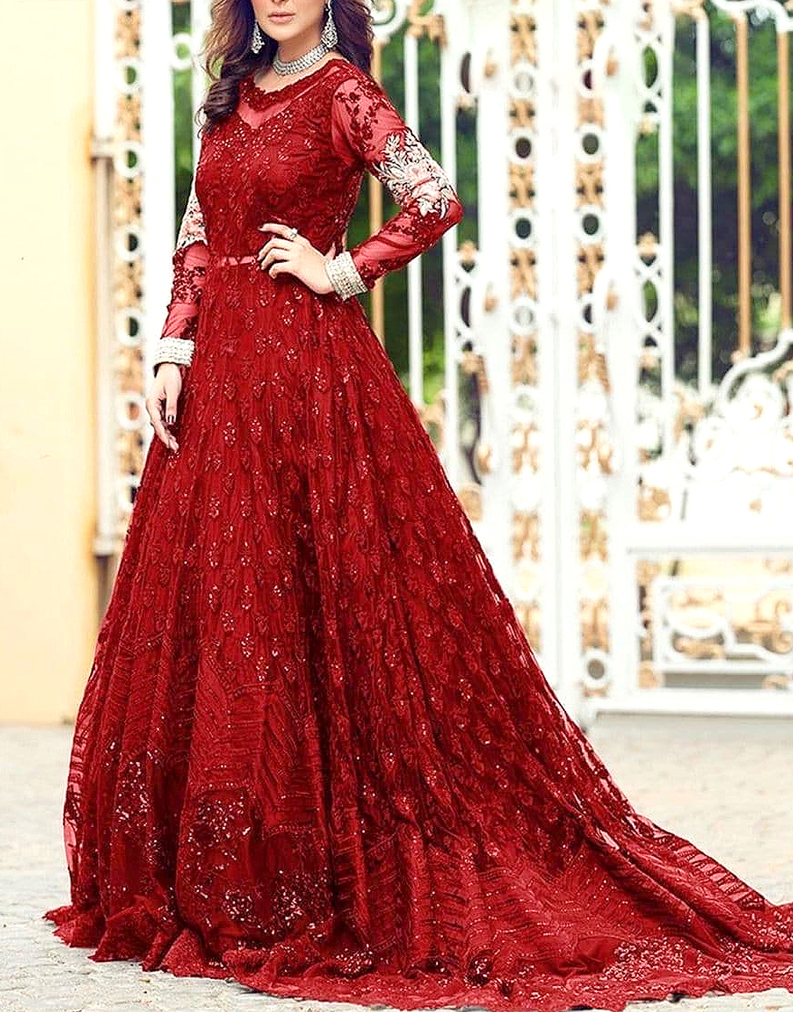 Red flower net gown is available The Nicksdesign online Factory jalandhar