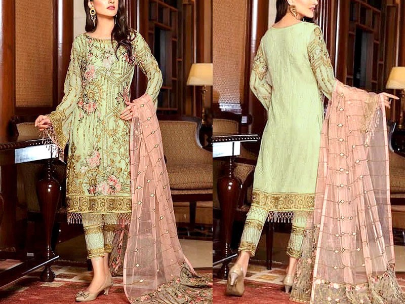 Heavy Embroidered Chiffon Wedding Dress with Embroidered Net Dupatta