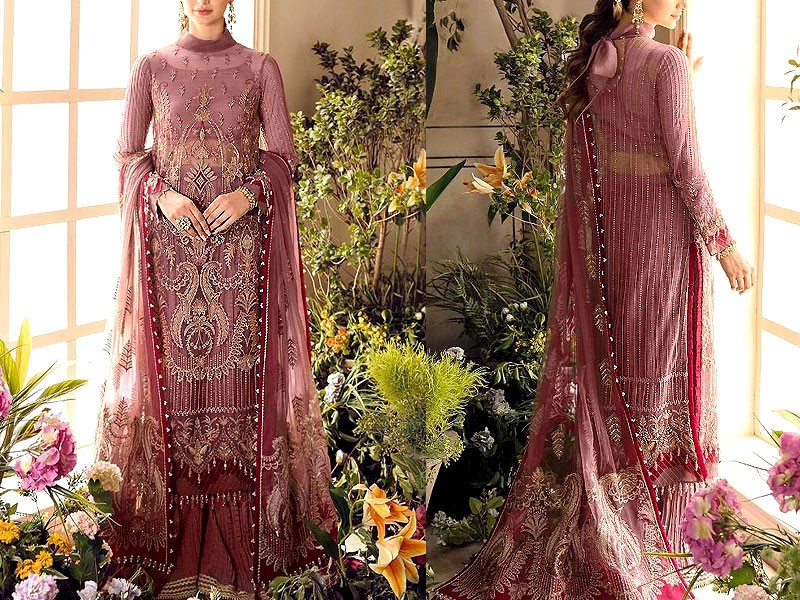 Heavy Embroidered Chiffon Wedding Dress 2022 with Silk Trouser