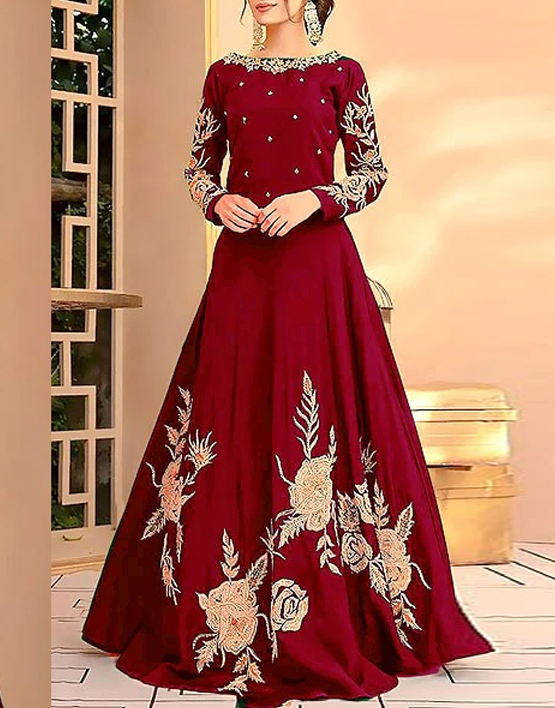 Readymade Embroidered Shamoz Silk Lehenga Choli Dress - Red Price in Pakistan