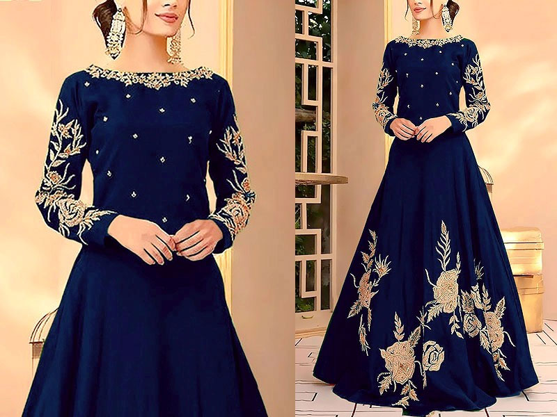 Readymade Embroidered Navy Blue Shamoz Silk Maxi Price in Pakistan