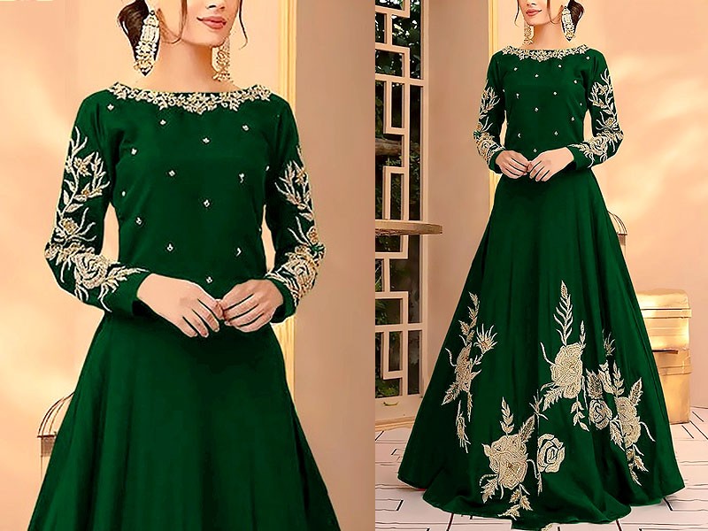 Readymade Embroidered Green Shamoz Silk Maxi Price in Pakistan