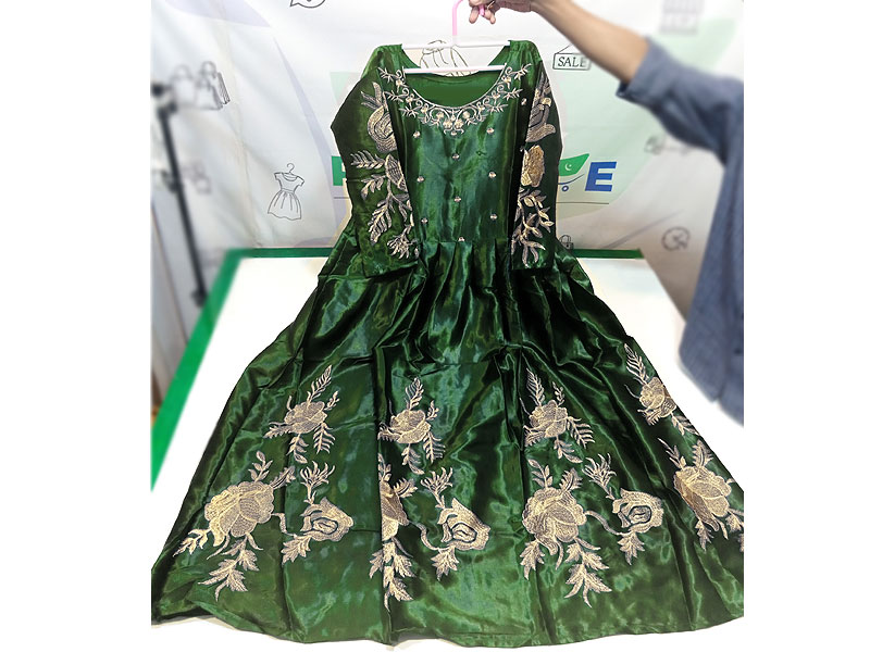 Readymade Embroidered Green Shamoz Silk Maxi