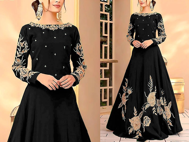 Readymade Embroidered Black Shamoz Silk Maxi Price in Pakistan