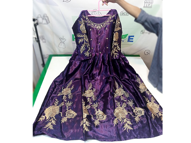 Readymade Embroidered Purple Shamoz Silk Maxi