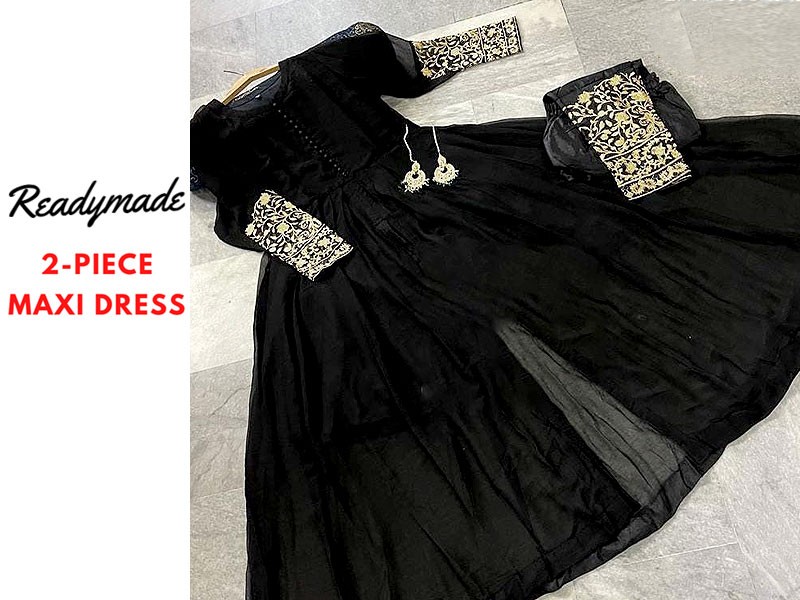 Readymade Floral Print Black Georgette Maxi with Inner Price in Pakistan
