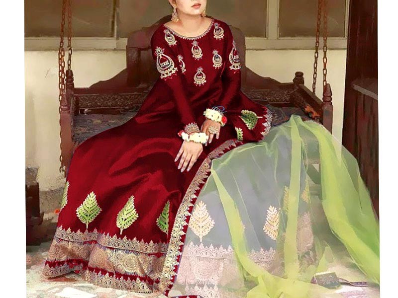 Readymade 3-Piece Embroidered Maroon Silk Maxi Dress with Embroidered Organza Dupatta Price in Pakistan
