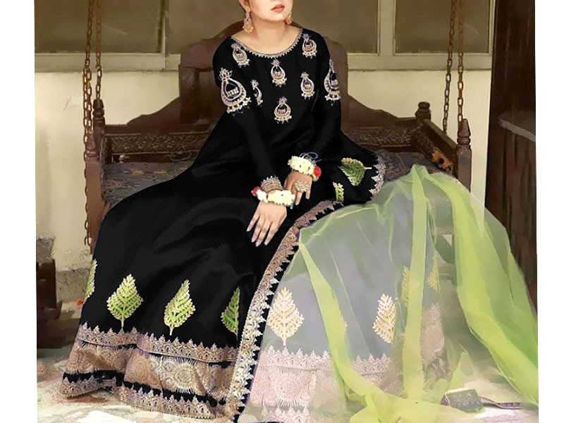 Readymade 3-Piece Embroidered Black Silk Maxi Dress with Embroidered Organza Dupatta