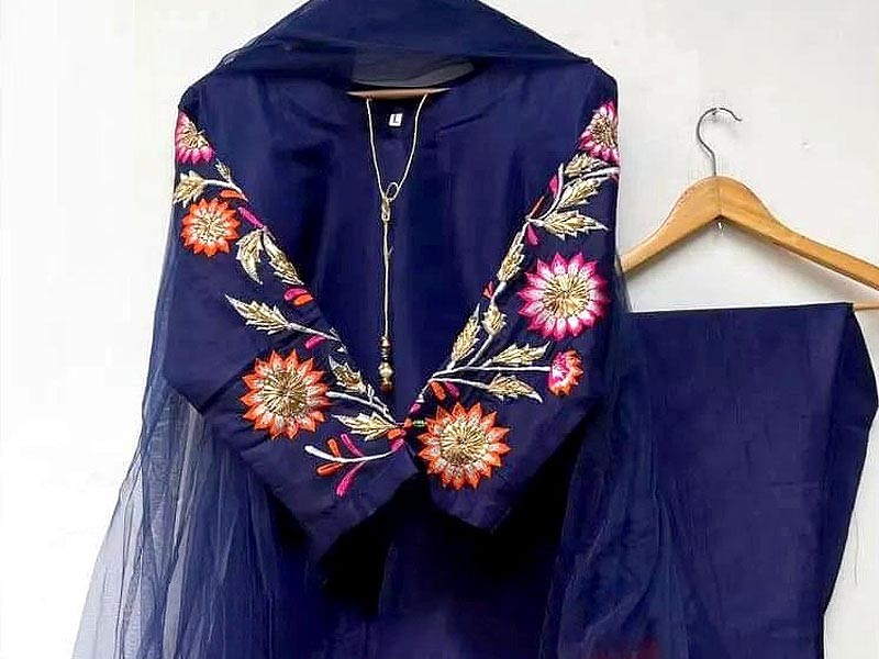Readymade Embroidered Silk Dress with Net Dupatta