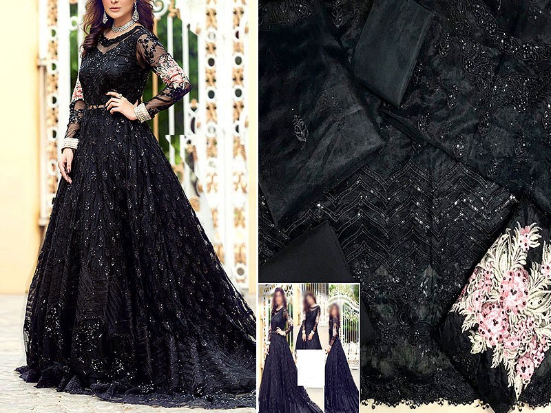 Handwork Heavy Embroidered Black Net Bridal Maxi Dress 2024