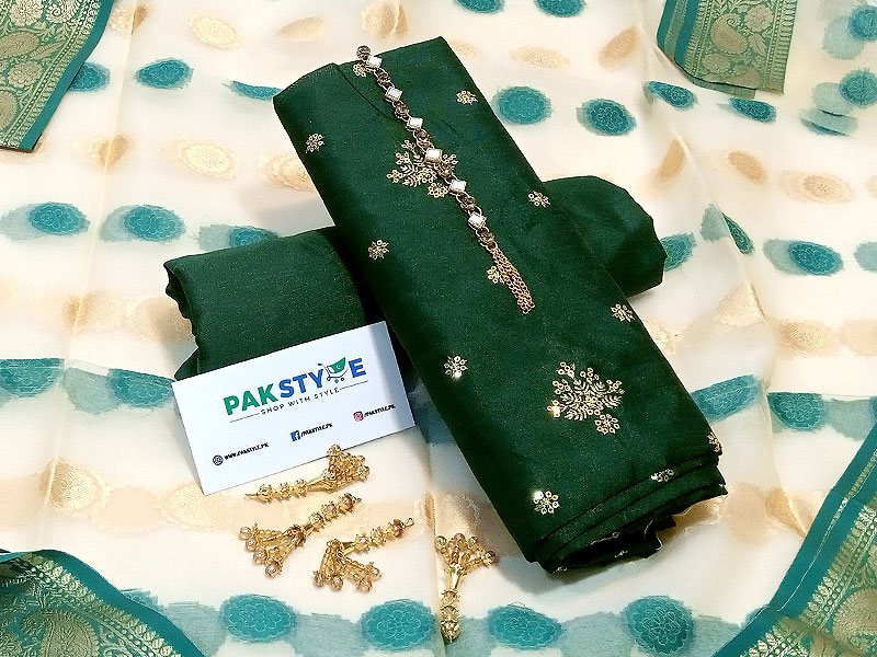 Banarsi Style Embroidered Raw Silk Dress with Silk Jhalar Dupatta Price in Pakistan