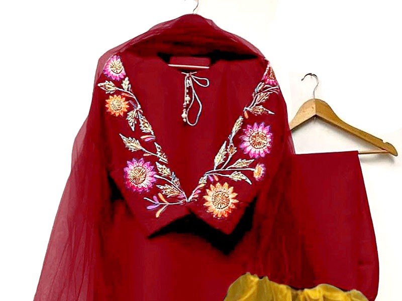 Readymade Embroidered Silk Dress with Net Dupatta
