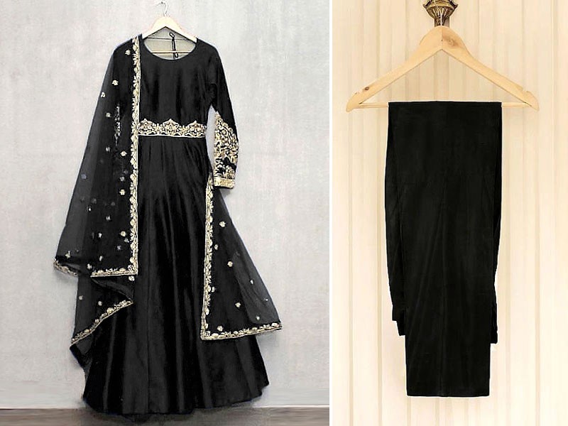 Readymade 3-Piece Embroidered Silk Maxi Dress with Embroidered Chiffon Dupatta