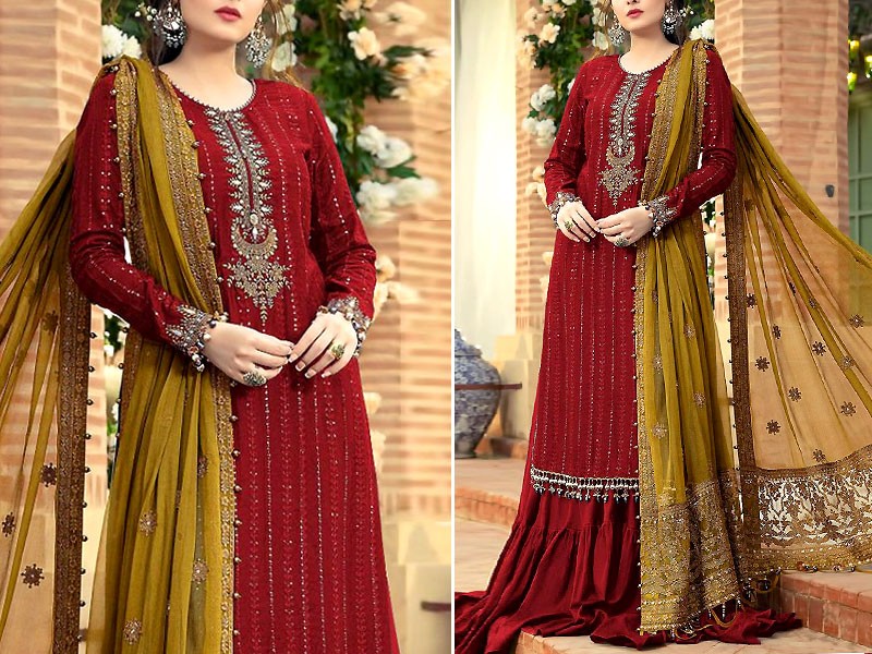 Heavy Embroidered Maroon Chiffon Party Dress 2022 Price in Pakistan