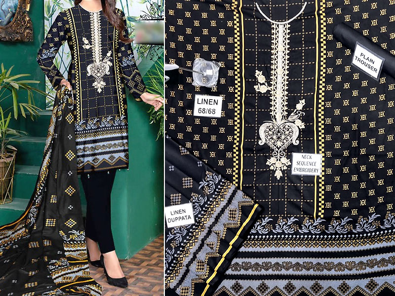 Elegant Sequins Embroidered Linen Dress 2022 with Linen Dupatta