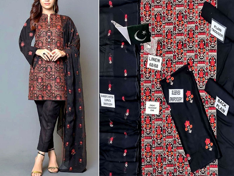Heavy Embroidered Linen Dress with Embroidered Bamber Chiffon Dupatta